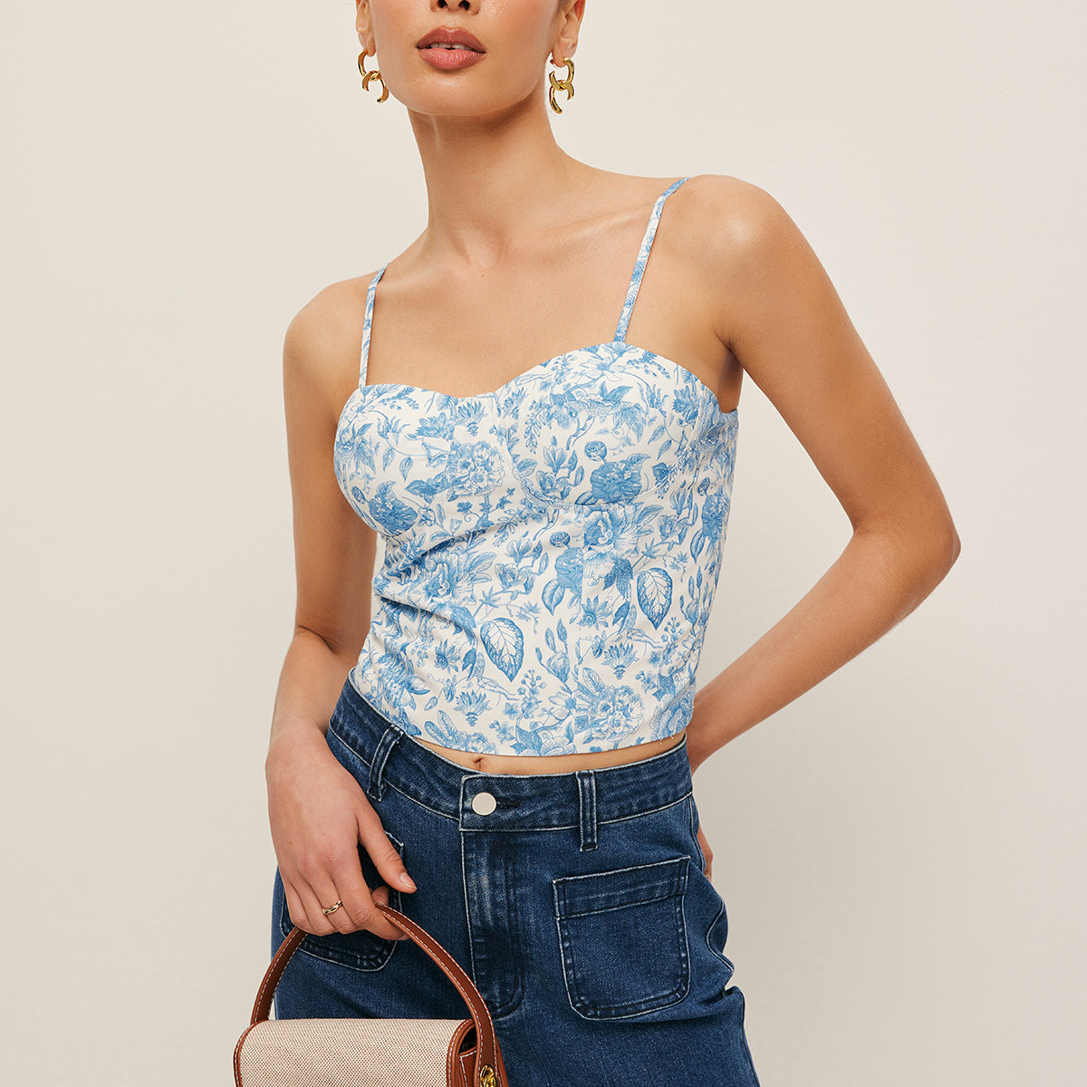 Çiçek Desenli Korse Crop Üst