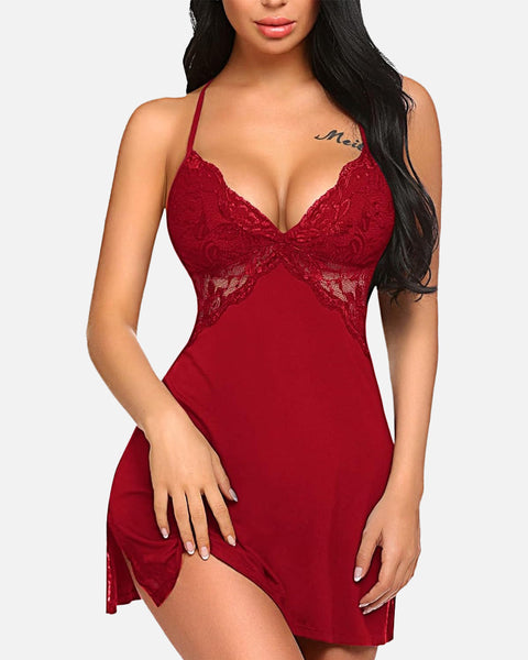 Dantel Detaylı Yırtmaçlı Uyku Elbisesi Babydoll Luné Intimates  İç Çamaşırı