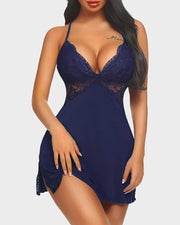 Dantel Detaylı Yırtmaçlı Uyku Elbisesi Babydoll Luné Intimates  İç Çamaşırı