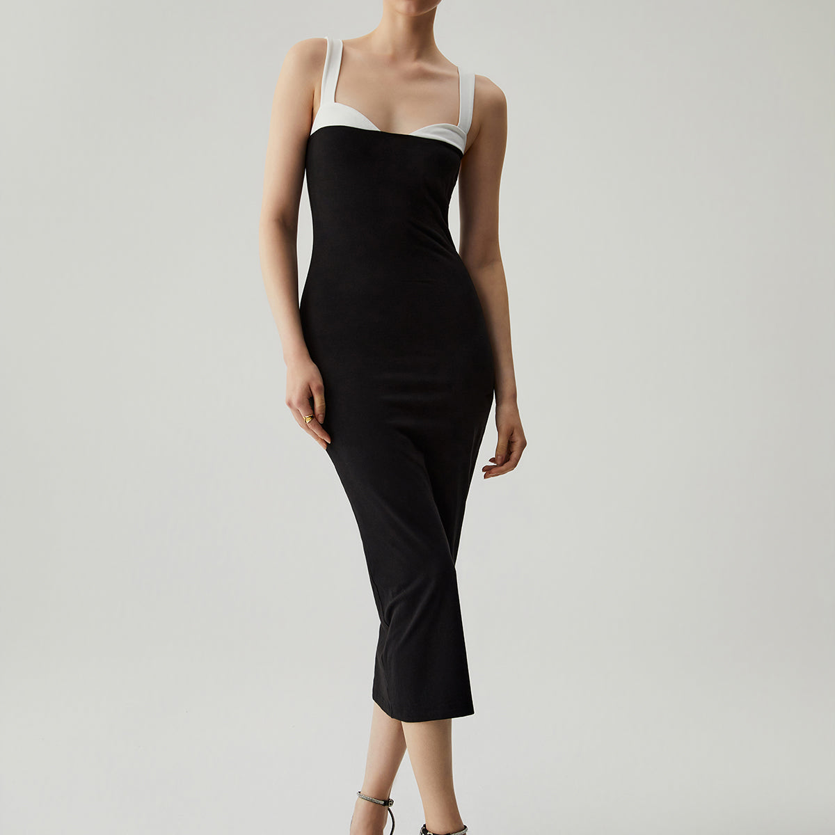 Bodycon Patchwork Kalp Yaka Cami Midi Elbise