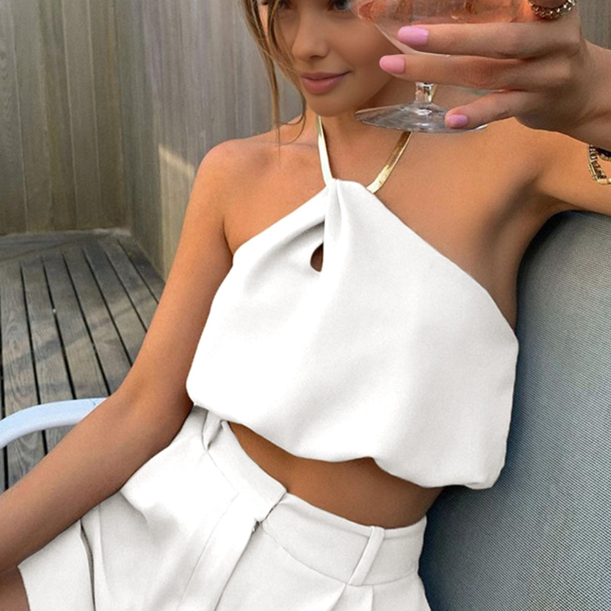 Yarı Şeffaf Halter Crop Kolsuz Üst