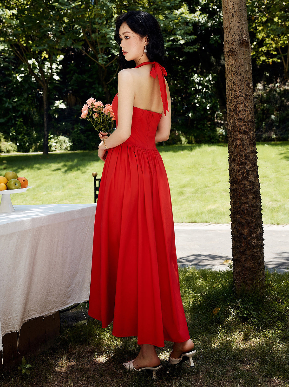 Halter Kalp Pileli Midi Elbise
