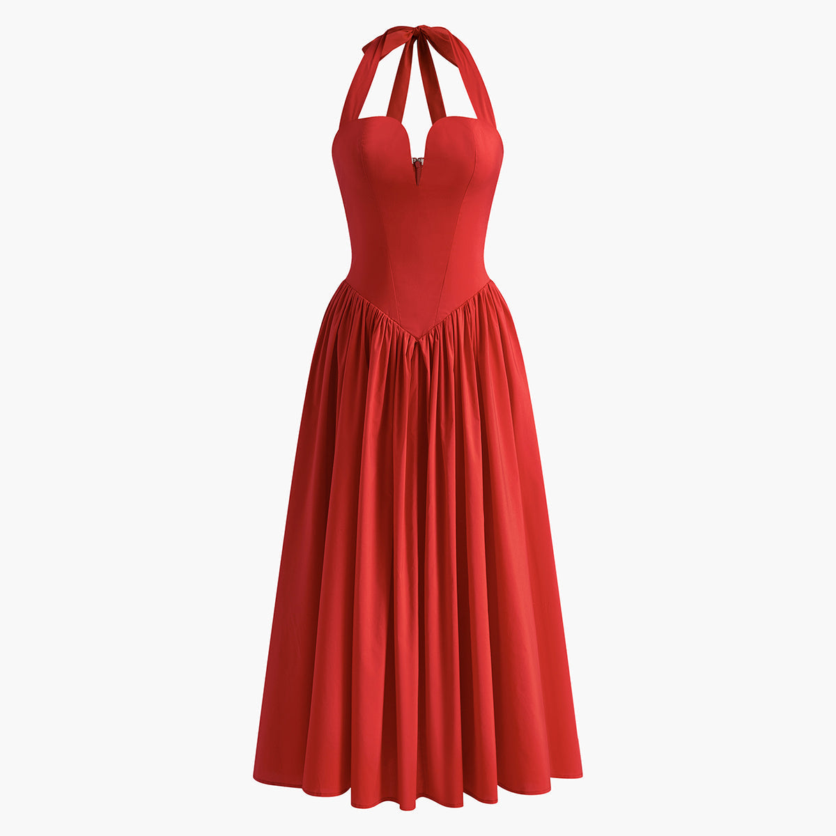 Halter Kalp Pileli Midi Elbise