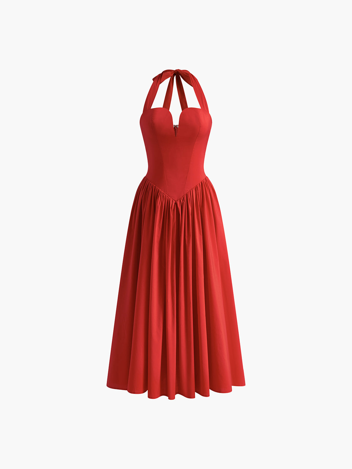 Halter Kalp Pileli Midi Elbise