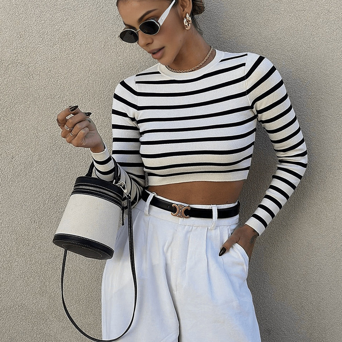 Çizgili Crop Bodycon Triko Üst