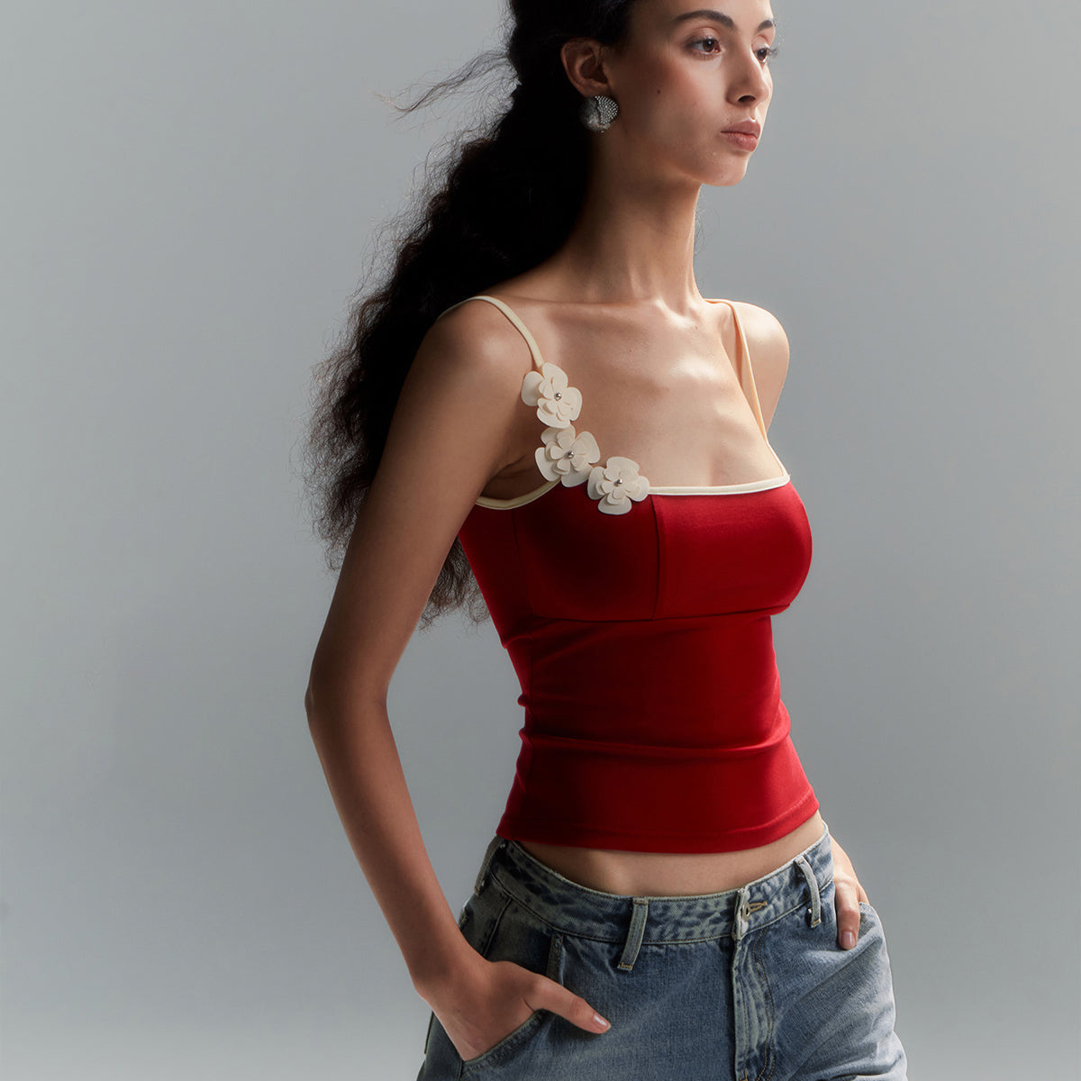 Çiçekli Kontrast Süslemeli Bodycon Cami Üst