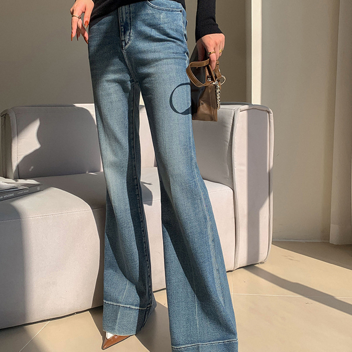 Yıkanmış İnce Dökümlü Denim Pantolon