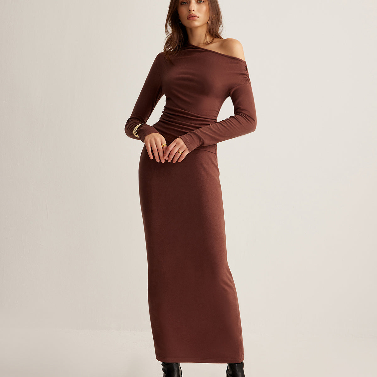 Asimetrik Yaka Slim Jersey Etek Takım