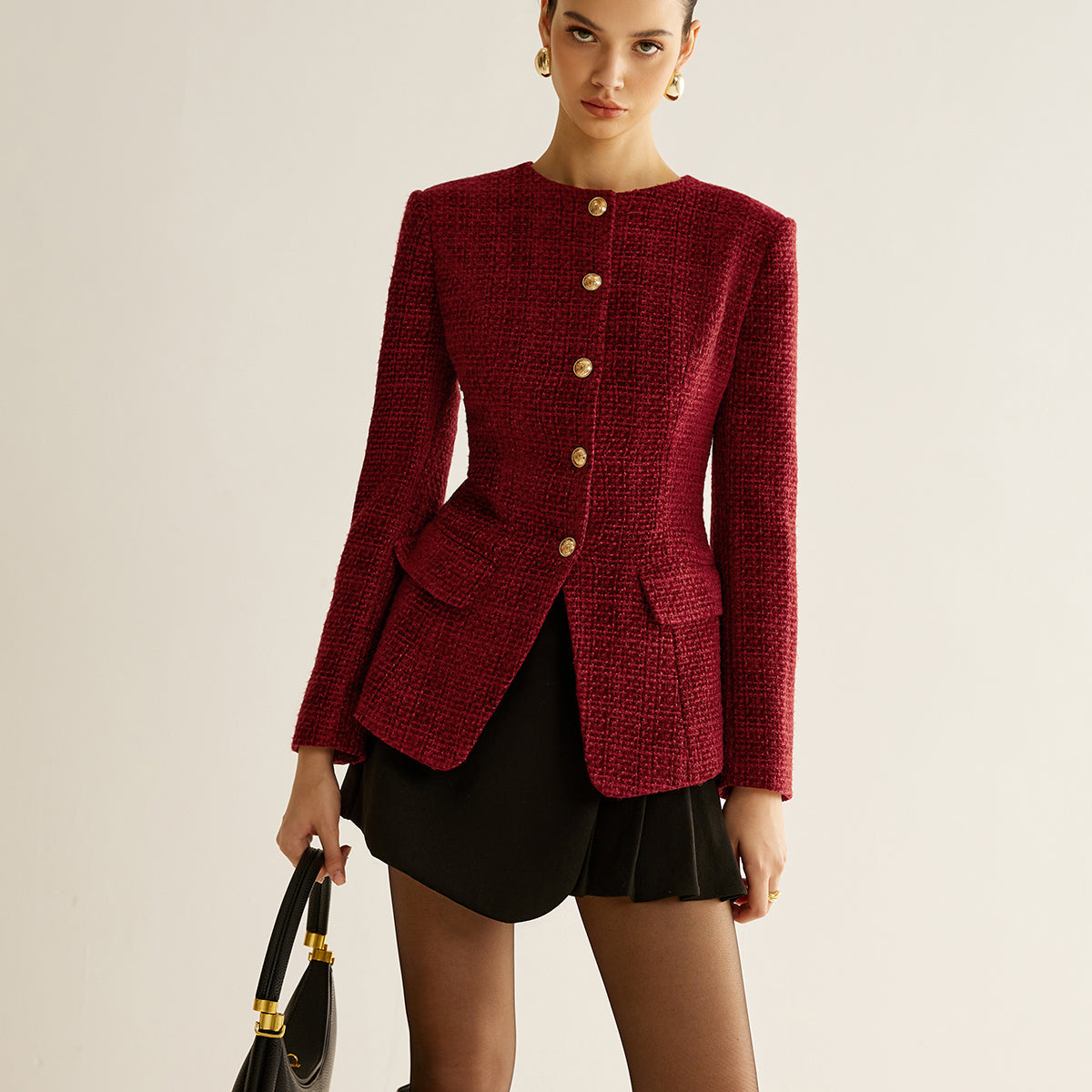 Düğmeli Yırtmaç Detaylı Tweed Ceket