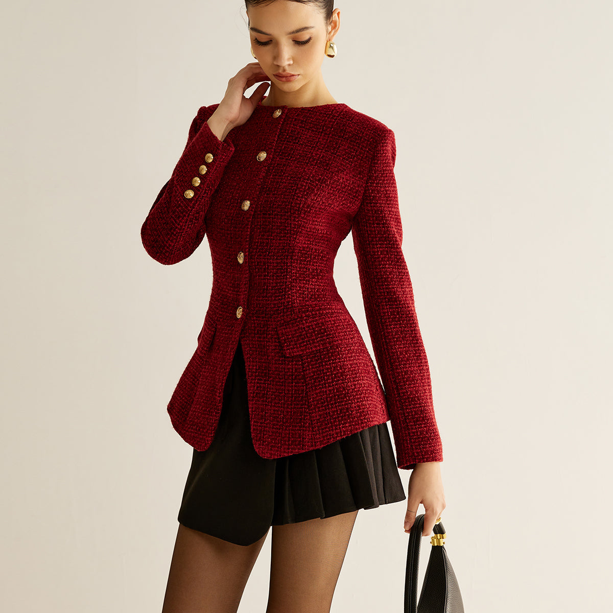 Düğmeli Yırtmaç Detaylı Tweed Ceket