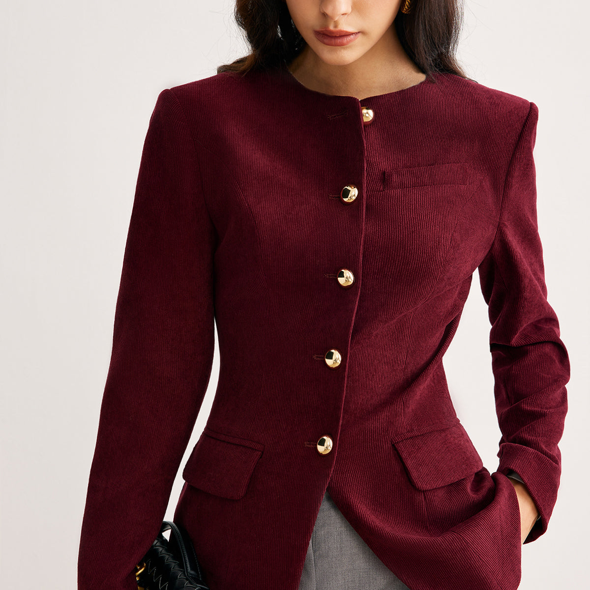 Yuvarlak Yaka Düğmeli Kordel Blazer