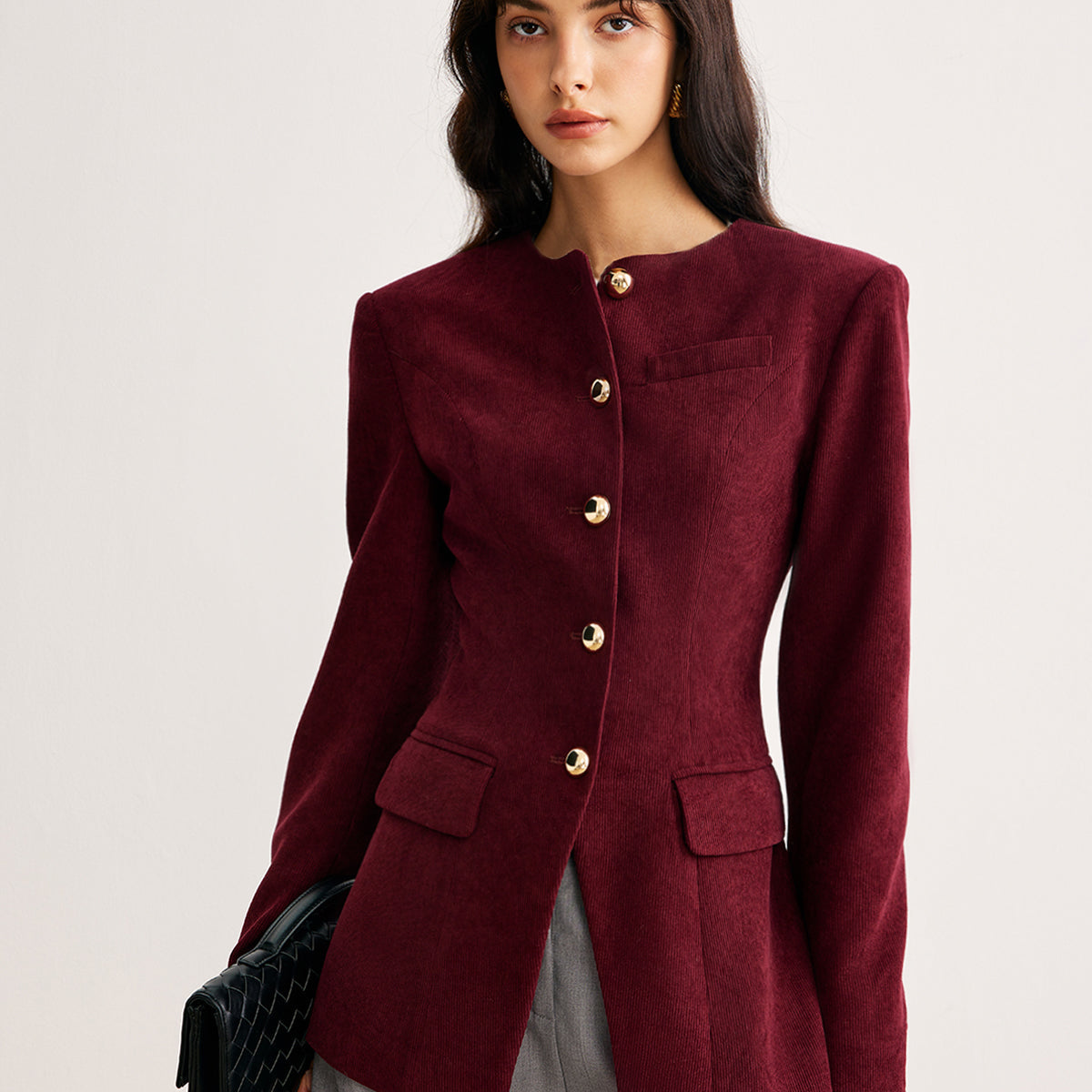 Yuvarlak Yaka Düğmeli Kordel Blazer