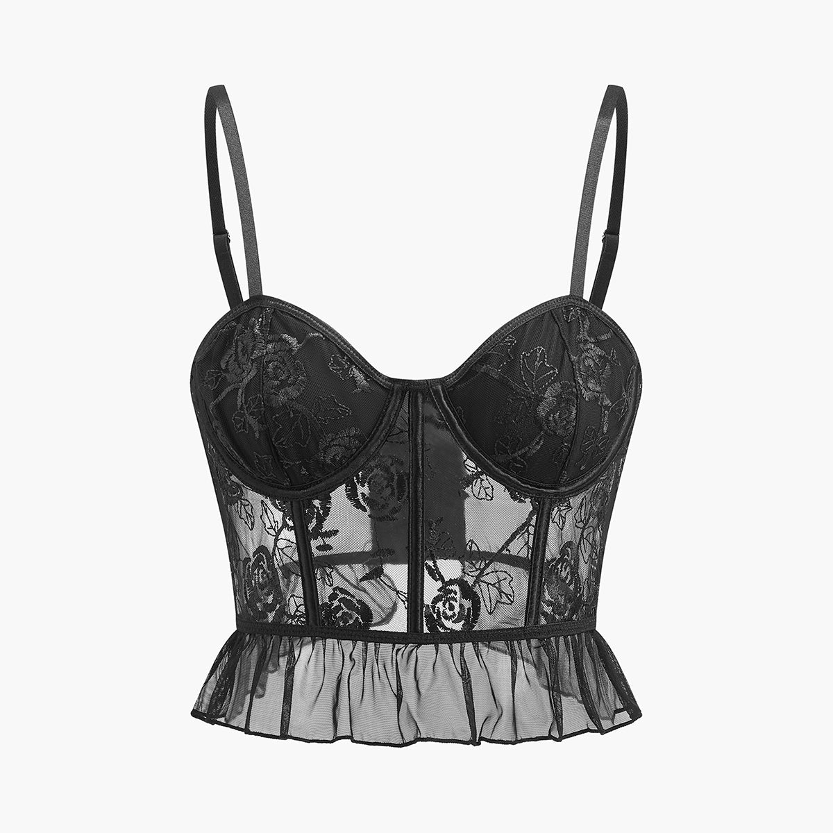 Sheer Embroidered Floral Ruffle Lace Corset