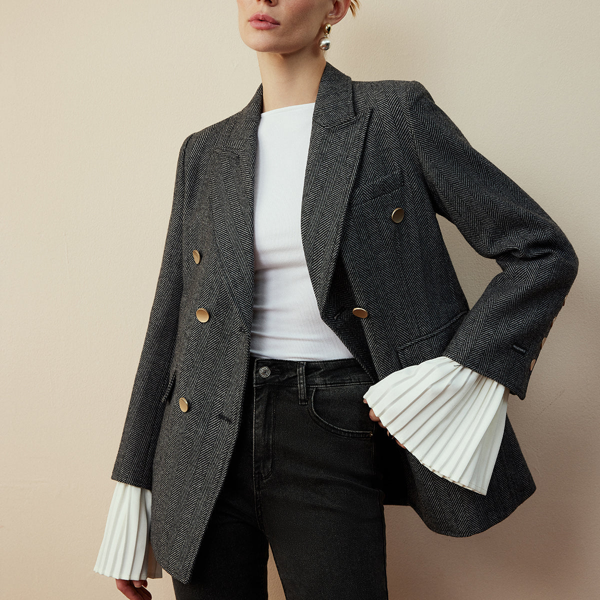Yün Karışımlı Şevron Desenli Tweed Fit Blazer Ceket