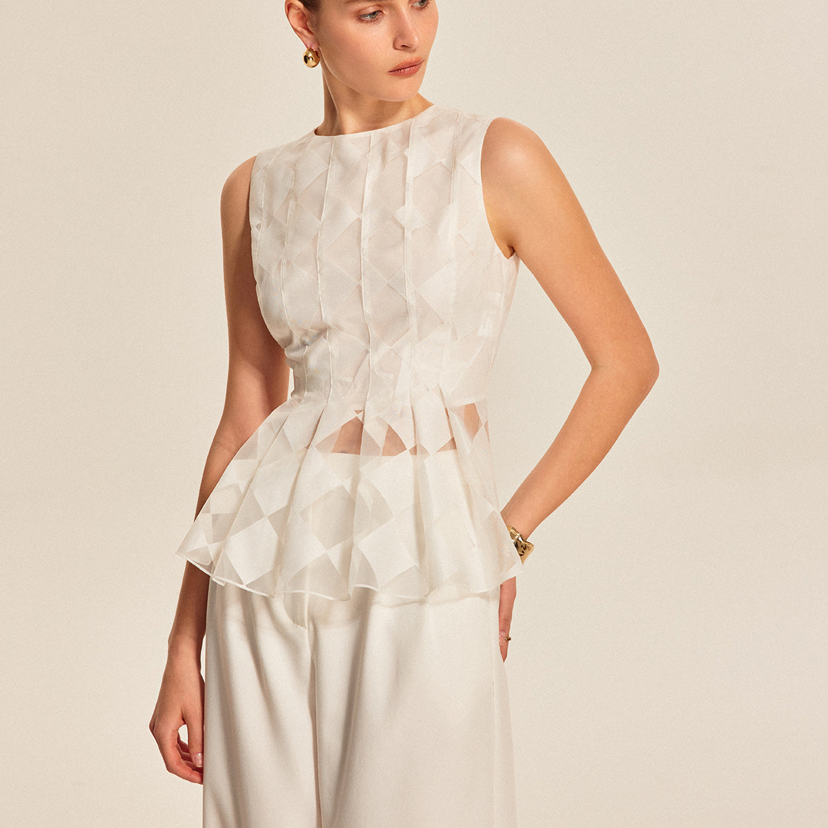 Yarı Şeffaf Geometrik Peplum Üst