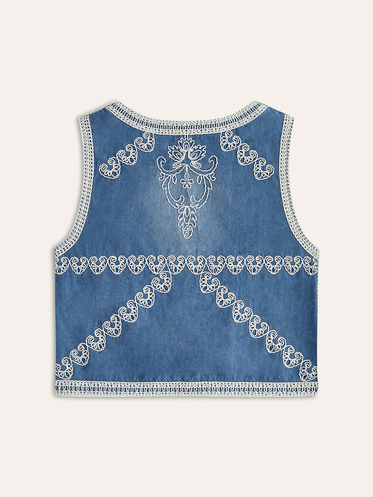 İşlemeli Denim Düğmeli Yelek