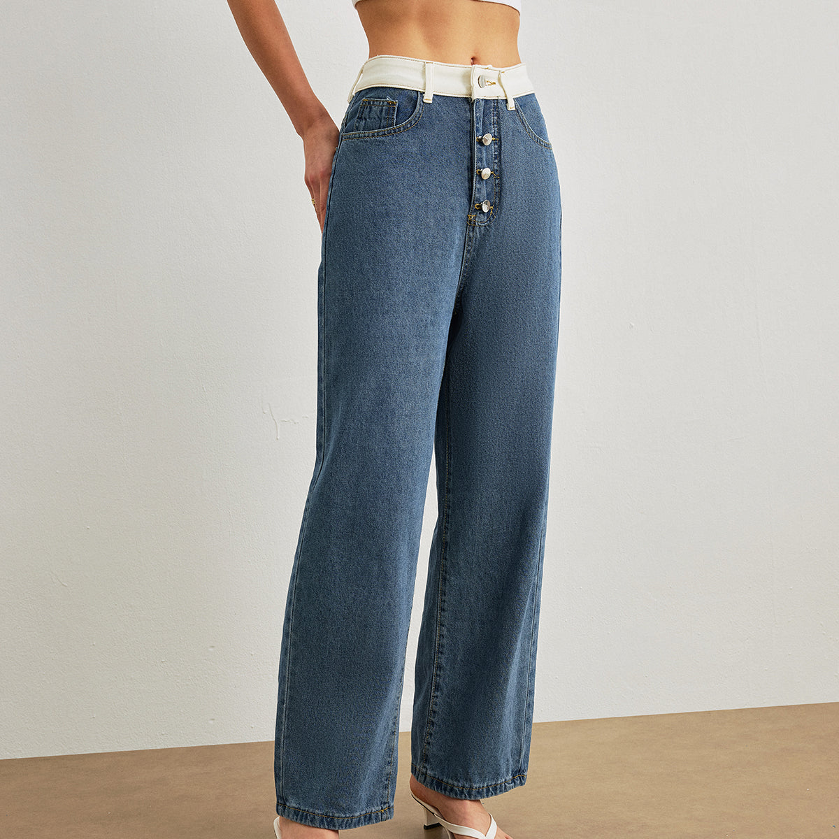 Orta Bel Kontrast Kesimli Denim Kot Pantolon