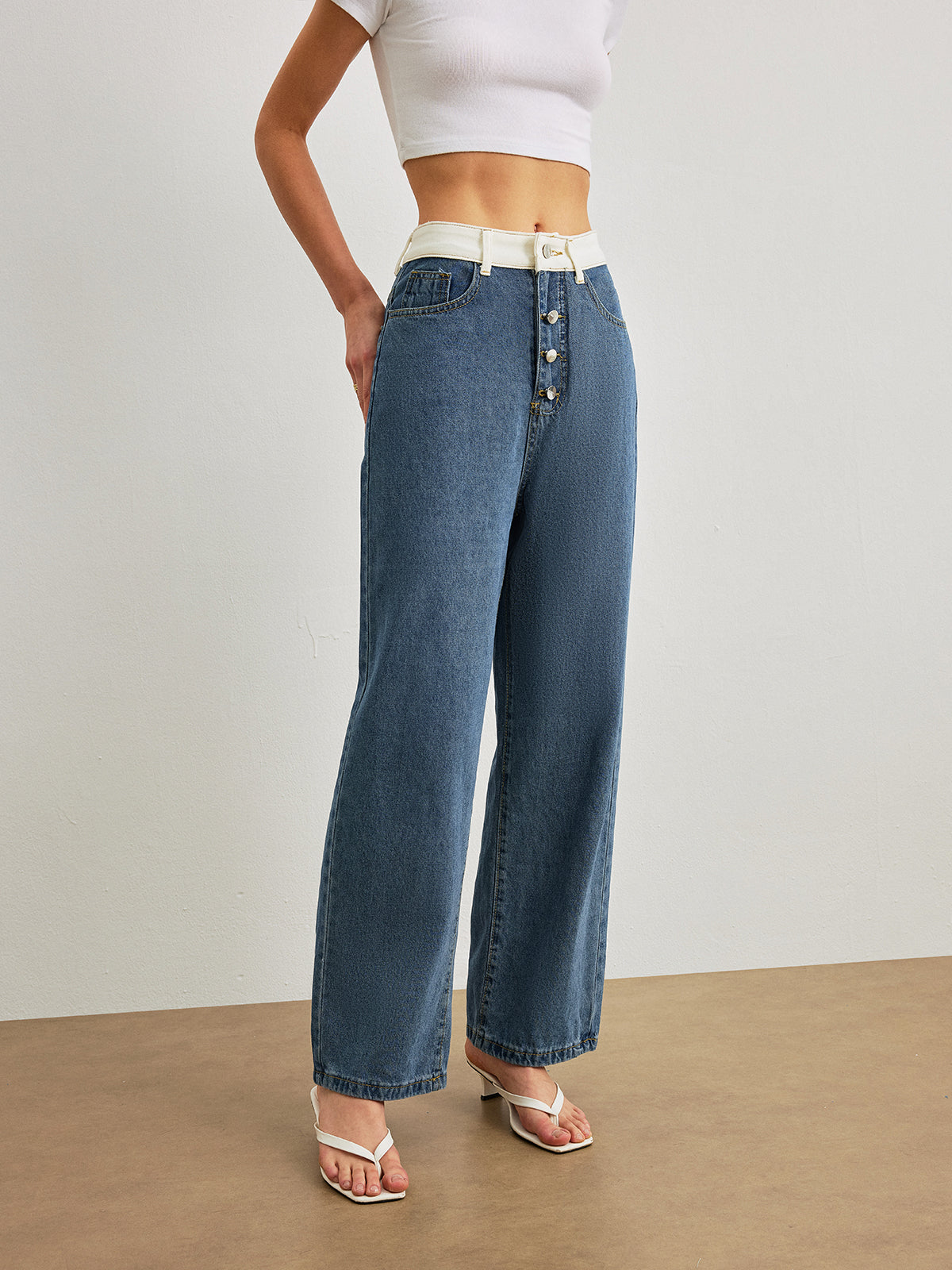 Orta Bel Kontrast Kesimli Denim Kot Pantolon