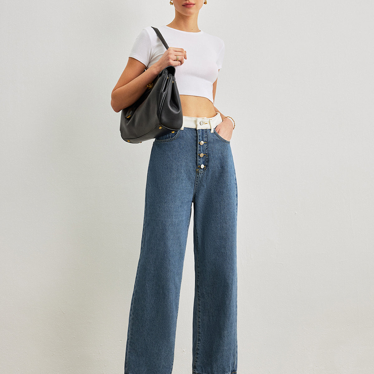 Orta Bel Kontrast Kesimli Denim Kot Pantolon