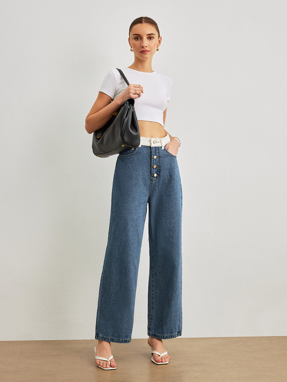Orta Bel Kontrast Kesimli Denim Kot Pantolon