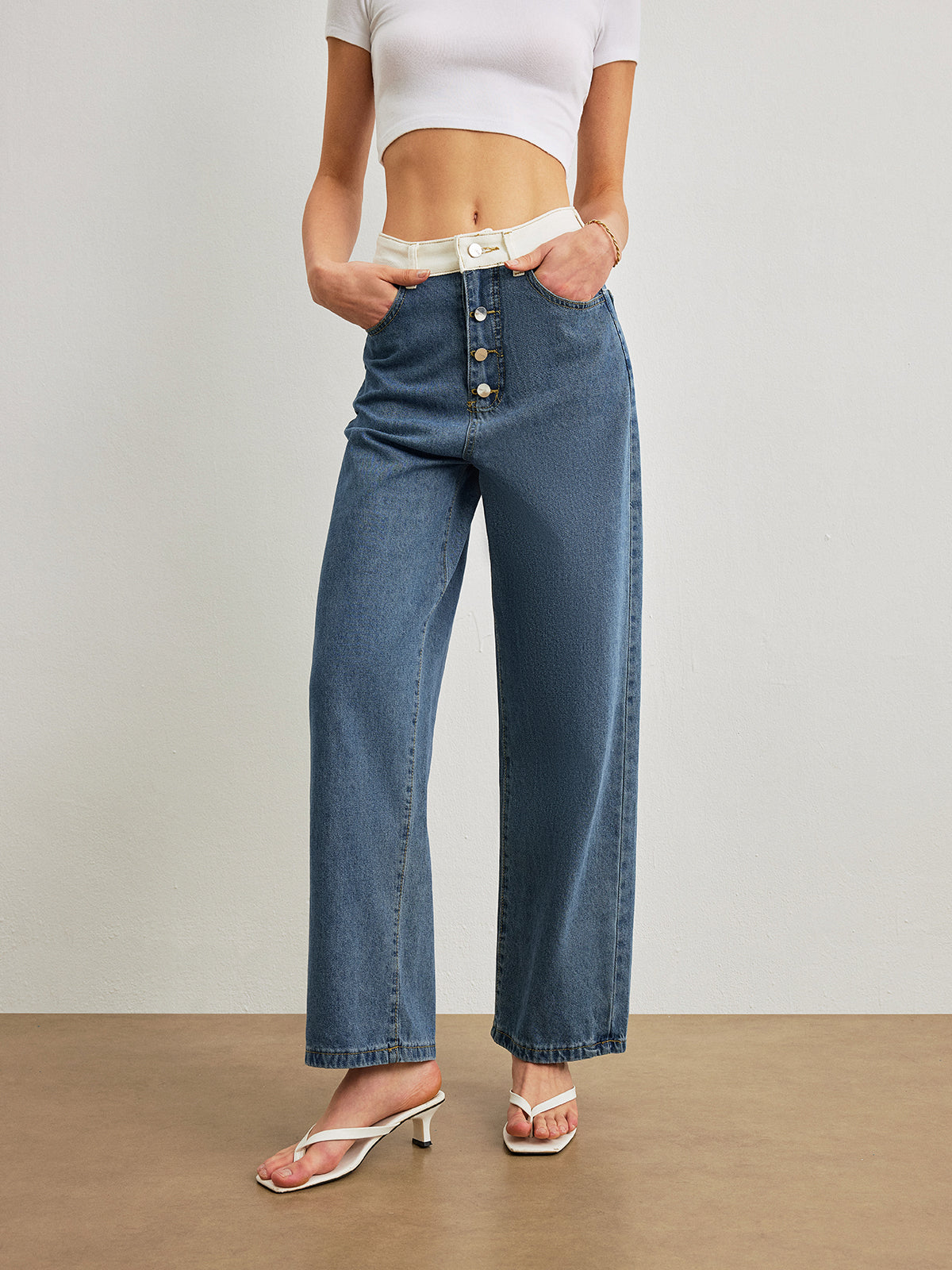 Orta Bel Kontrast Kesimli Denim Kot Pantolon