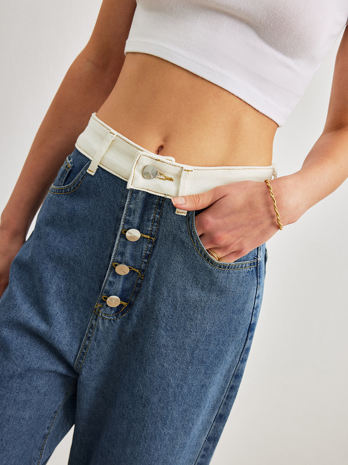 Orta Bel Kontrast Kesimli Denim Kot Pantolon