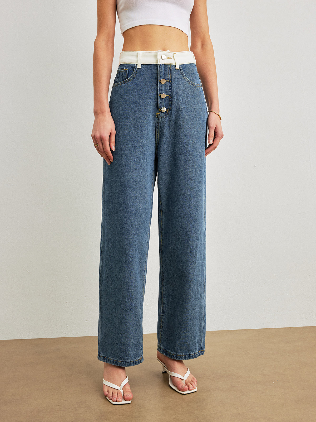 Orta Bel Kontrast Kesimli Denim Kot Pantolon